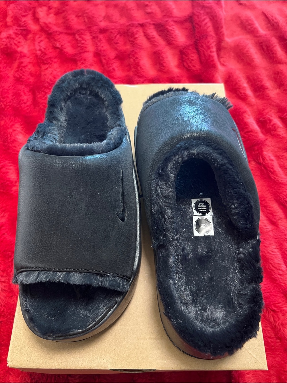 Nike Women's Black Faux-Fur Slide Slippers